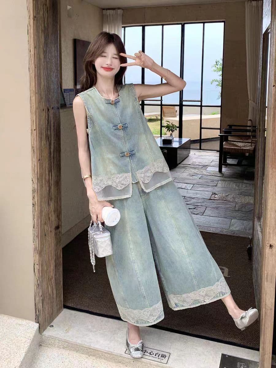 레이스 조각 데님 두 조각 여성 세트 2026 여름 새로운 민소매 베스트 와이드 레그 팬츠 슬림해 보이는 패션 세트 상세 이미지 12