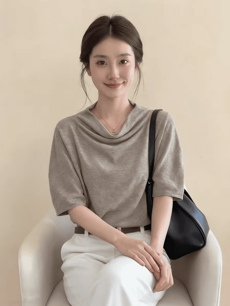 프랑스식 사소한 커피 색상 흔들다 칼라 반팔 티셔츠 여성 2026 여름 새로운 디자인 센스 루즈핏 느긋한 품격 맨위 이미지 4