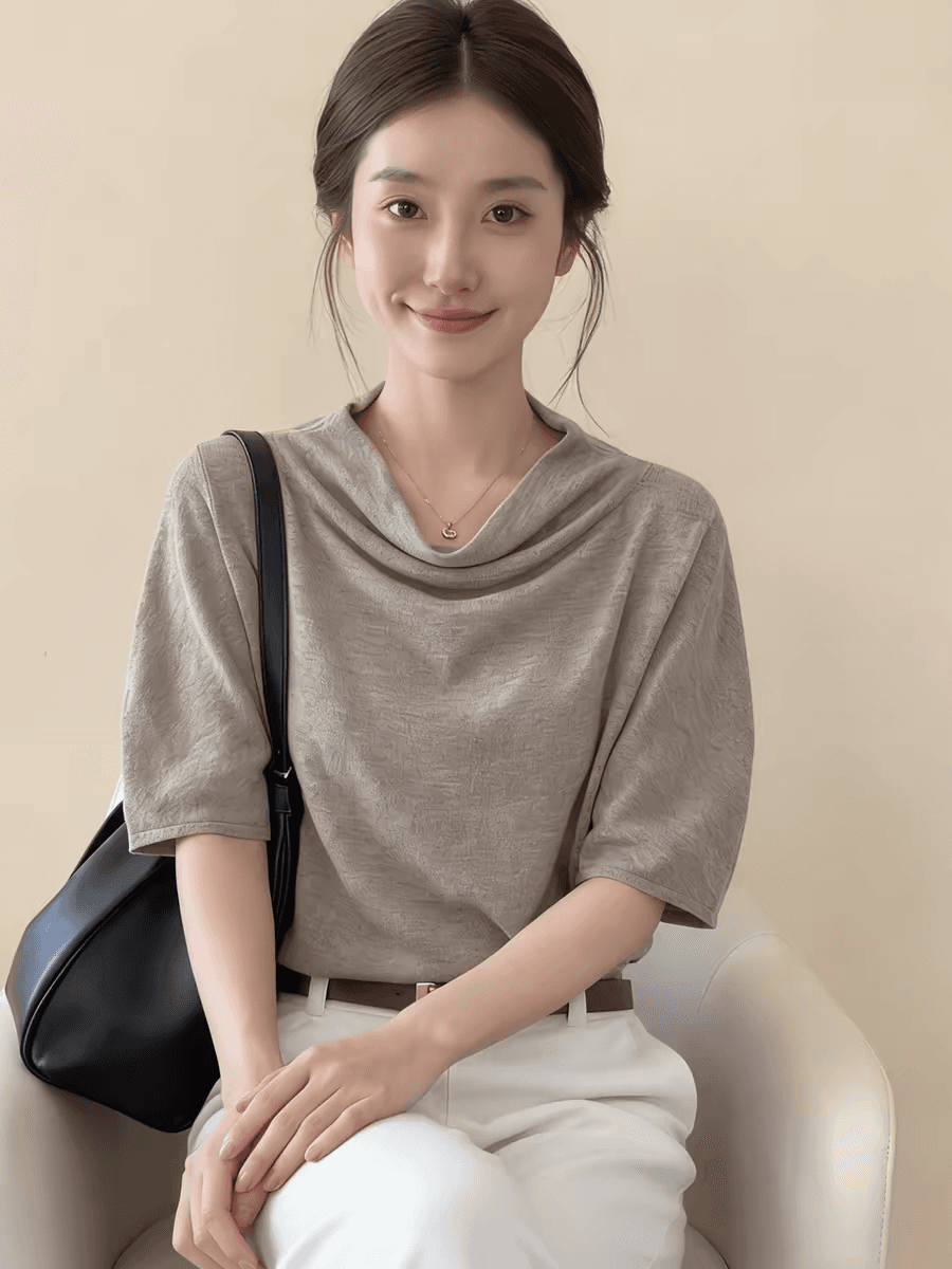 프랑스식 사소한 커피 색상 흔들다 칼라 반팔 티셔츠 여성 2026 여름 새로운 디자인 센스 루즈핏 느긋한 품격 맨위 상세 이미지 3