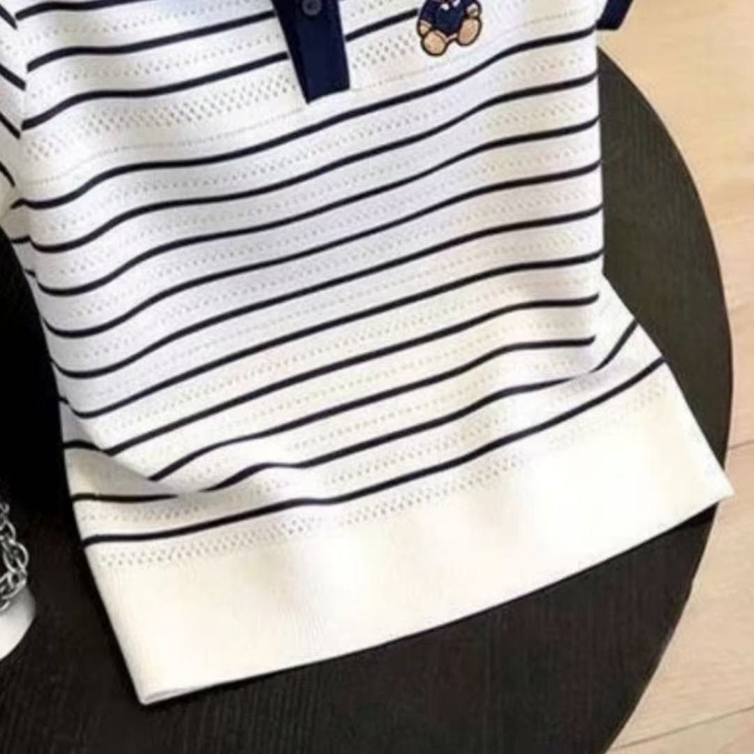 스트라이프 polo 배색 홀로우 아웃 작은 곰 자수 니트 작은 셔츠 2026 새로운 연령 감소 품격 다용도 맨위 이미지 3