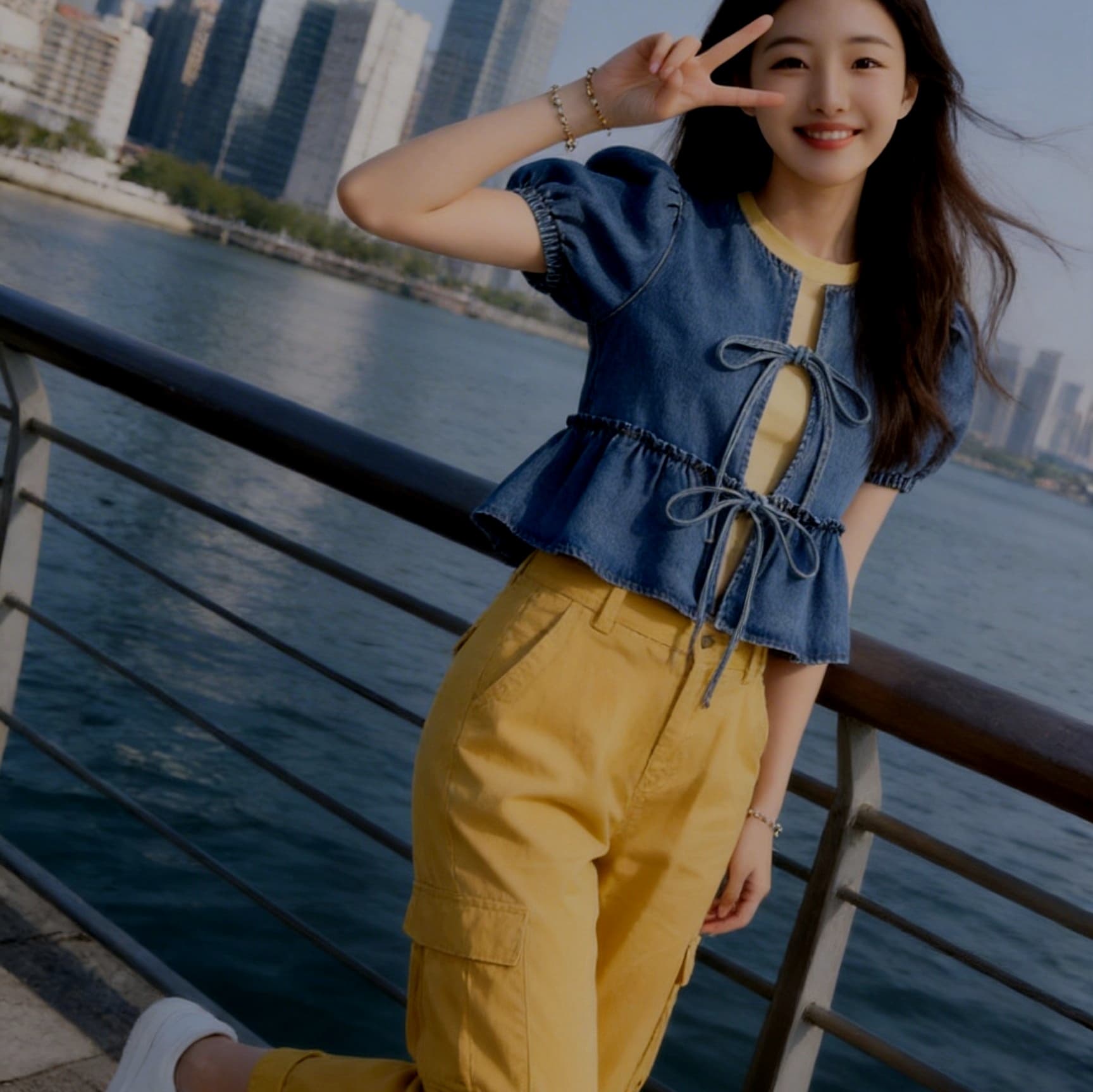 스타 세대 S 같은 단락 패션 다용도 슬림해 보이는 나비 매듭 거품 소매 루즈핏 데님 반팔 맨위 상세 이미지 7