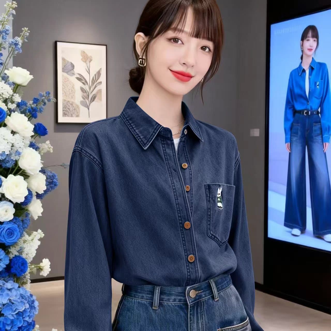 레트로 자수 진한 파란색 데님 셔츠 봄 가을 새로운 캐주얼 출퇴근 패션 다용도 셔츠 재킷 이미지 3