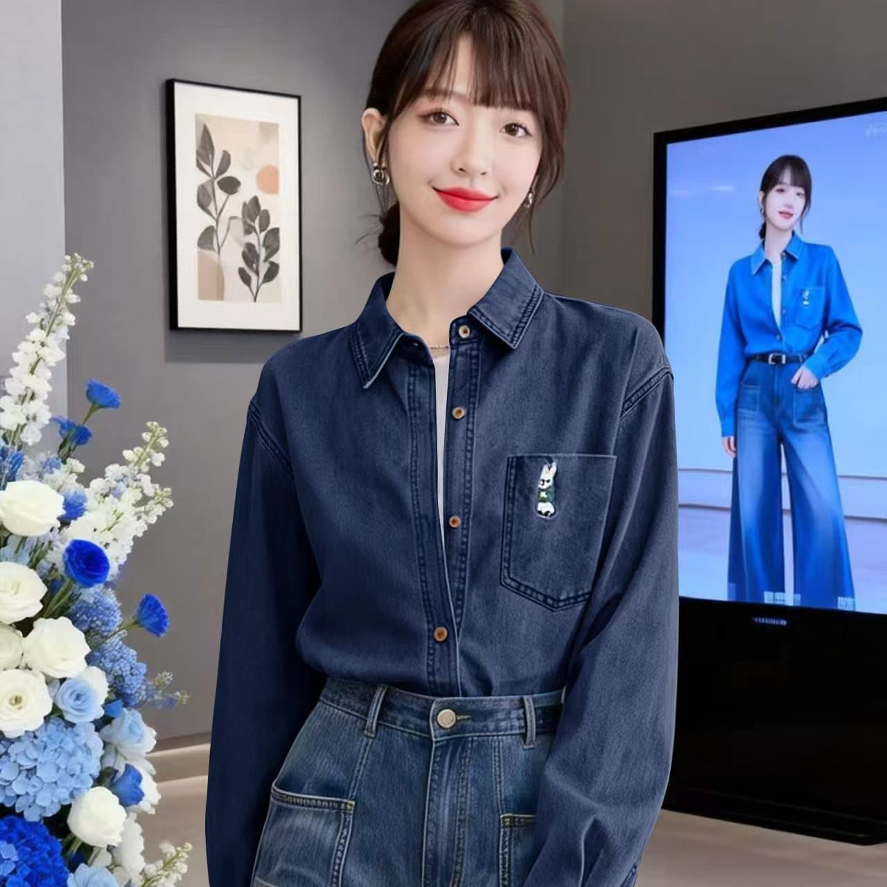 레트로 자수 진한 파란색 데님 셔츠 봄 가을 새로운 캐주얼 출퇴근 패션 다용도 셔츠 재킷 상세 이미지 7