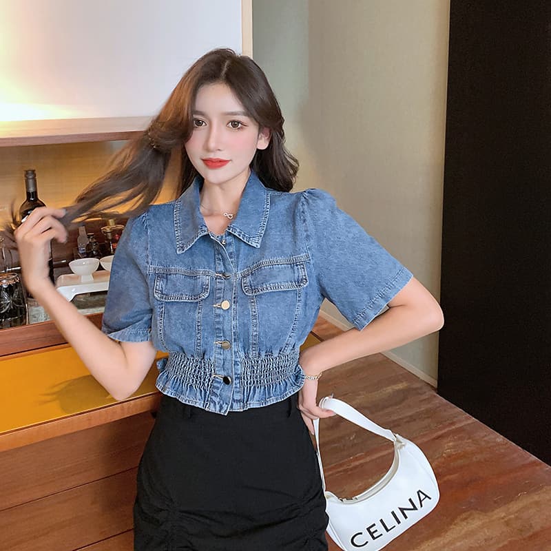 한국 스타일 레트로 허리 수축 슬림해 보이는 디자인 센스 데님 얇은 스타일 반팔 맨위 상세 이미지 7