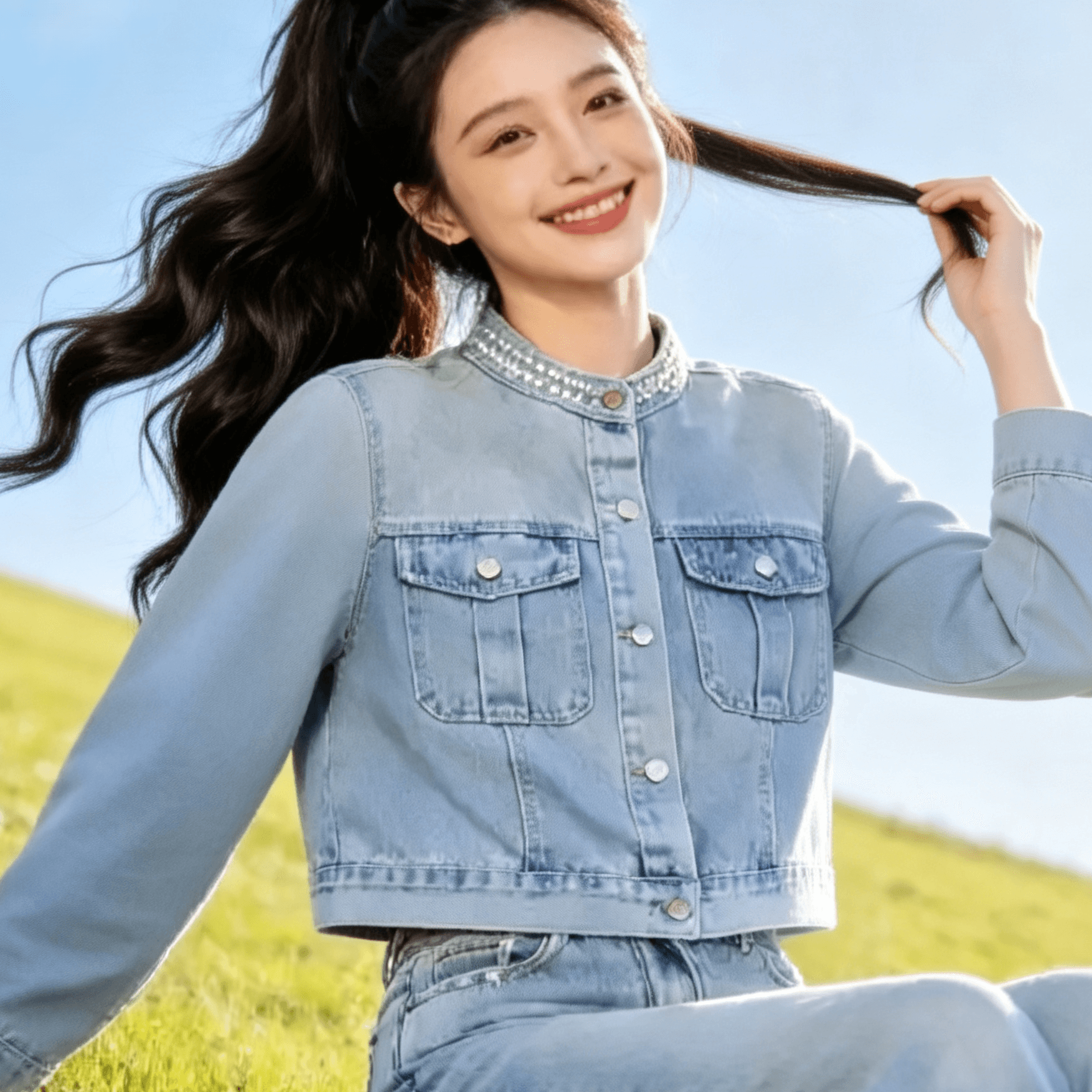 殴打 물품 유봉 가을 새로운 스탠드 칼라 주문 구슬 패션 연령 감소 인기 폭발 데님 맨위 재킷 이미지 3
