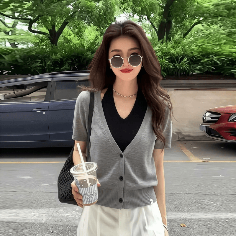 회색 페이크 레이어드 행침 목 긍정적 인 어깨 반팔 티셔츠 여성 2026 새로운 여름 빅 사이즈 지방 mm 슬림해 보이는 고급 센스 맨위 상세 이미지 2