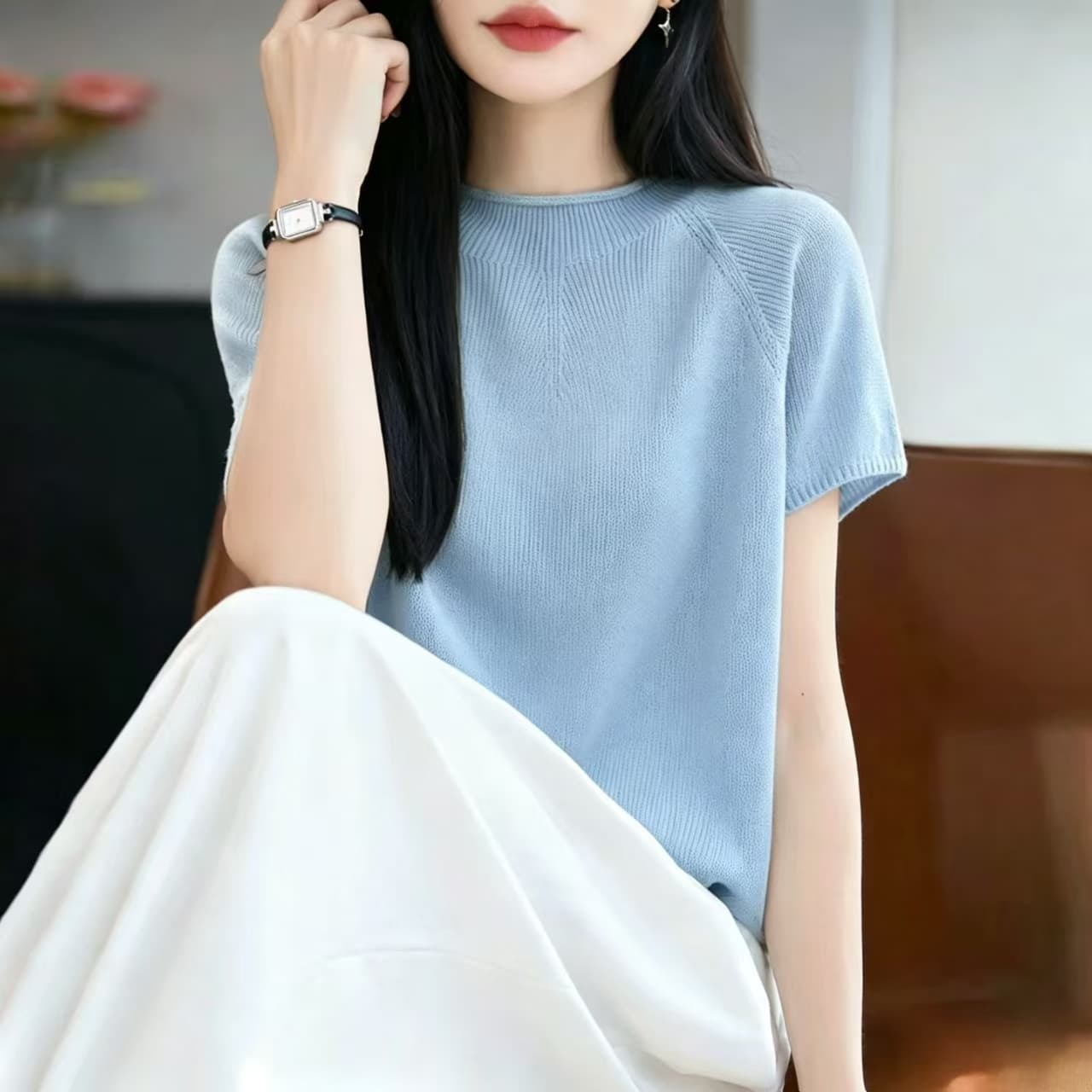 2026 새로운 단색 홀로우 아웃 니트 반팔 티셔츠 여성 여름 얇은 스타일 얼음 실크 니트 스웨터 빅 사이즈 여성 의류 맨위 상세 이미지 6