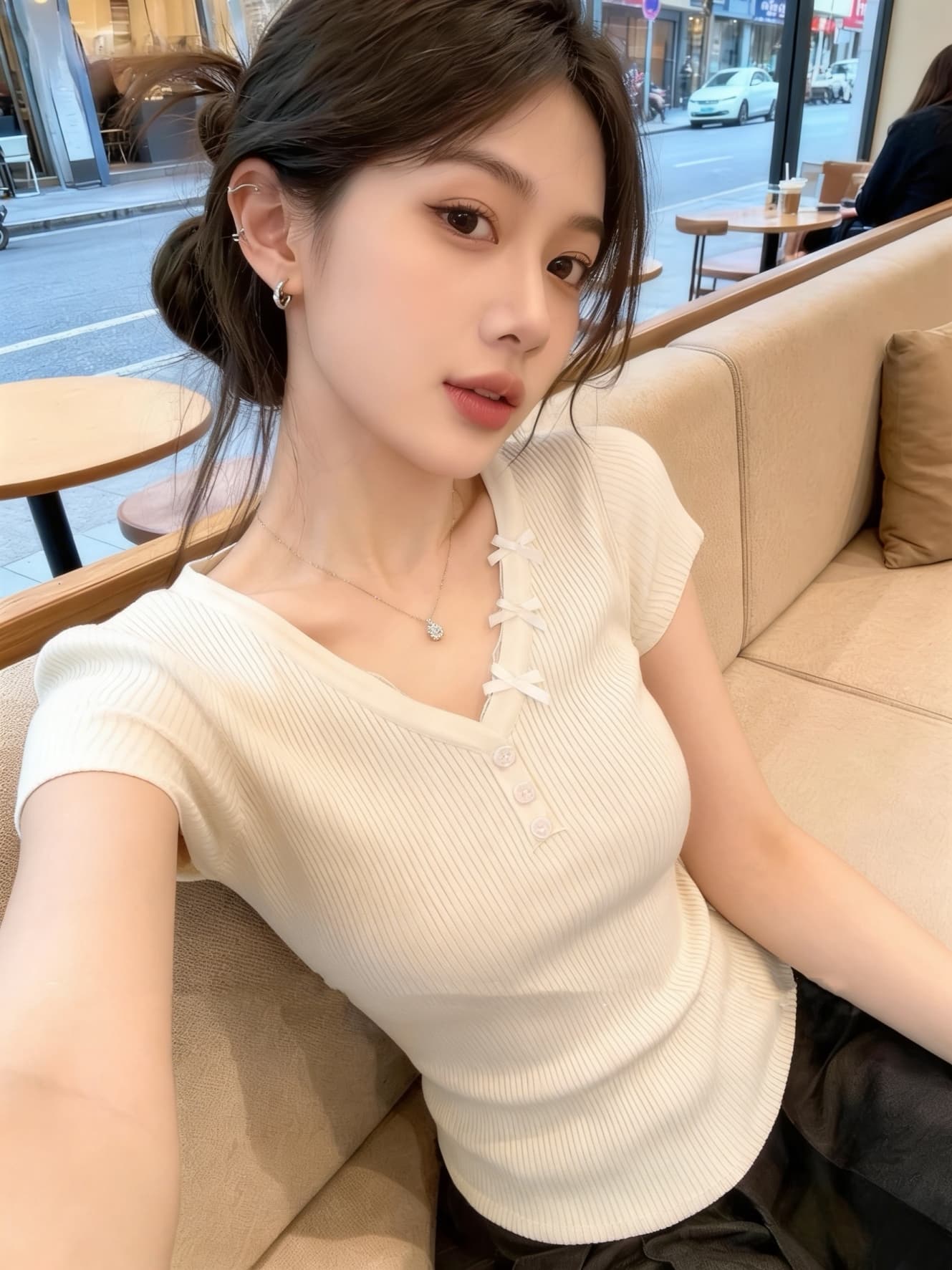 여름 한 부서 레이스 레이스 품격 V넥 반팔 니트 스웨터 여성 나비 매듭 단추 몸매 가꾸기 슬림해 보이는 맨위 여성 상세 이미지 9