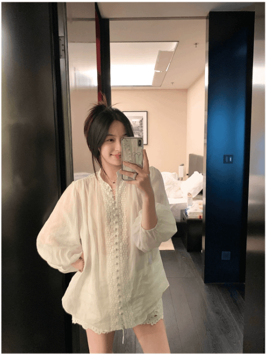 여름 시 100 라미 A형 화이트 스탠드 칼라 여성 셔츠 여름 프랑스식 레이스 조각 레이스 7부 소매 맨위 이미지 2