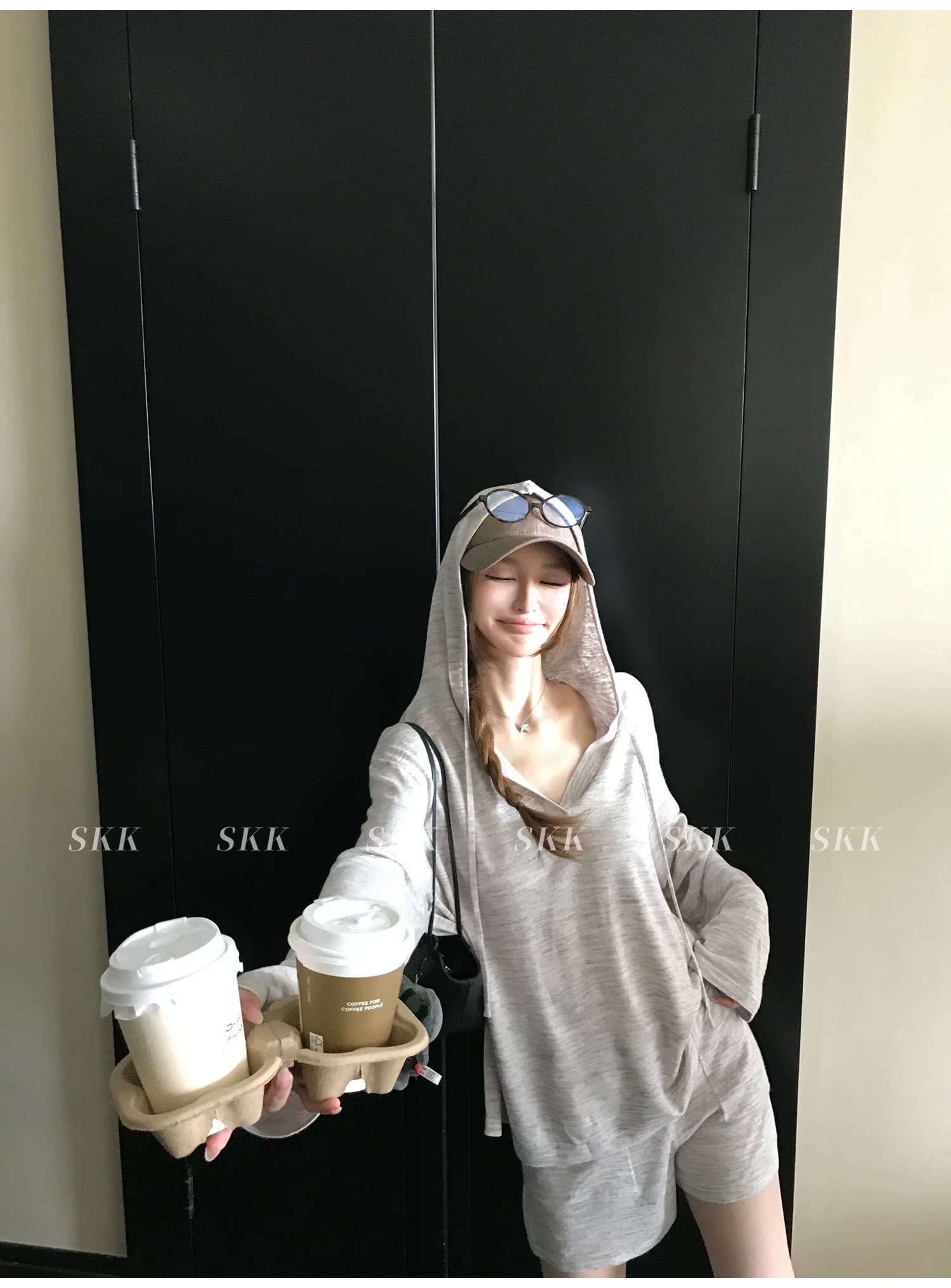 게으른 빛 산소 여름 안개 센스 작은 셔츠 48 지점 16 바늘 얇고 가벼운 아마 느긋한 후드 니트 맨위 세트 여성 상세 이미지 3