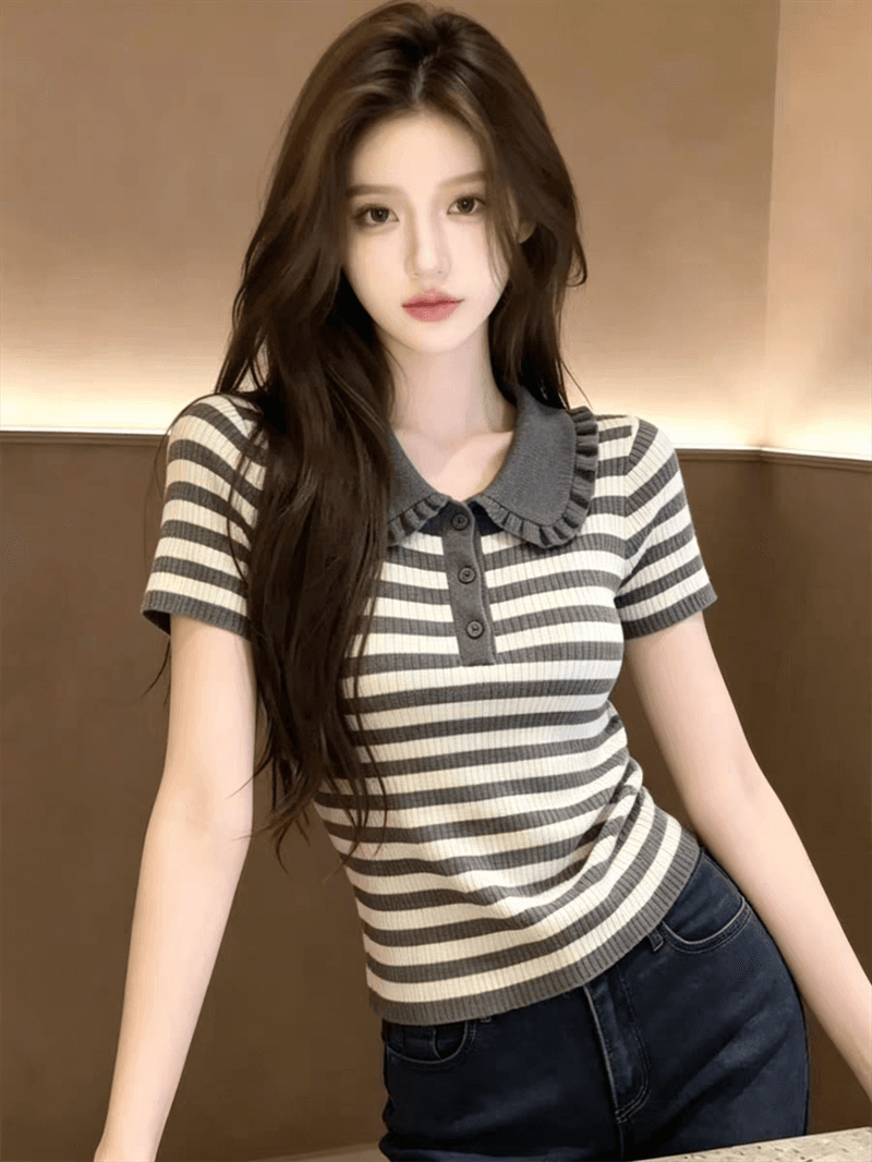 프릴 베이비 칼라 스트라이프 니트 스웨터 여성 여름 새로운 고급 센스 캐주얼 다용도 반팔 티셔츠 맨위 이미지 2