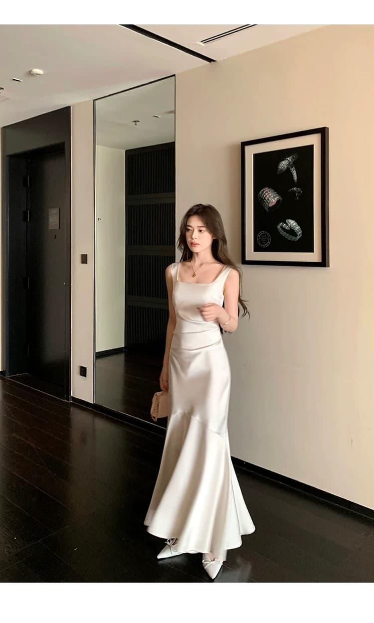 그러나 너 butyou 화이트 새틴 슬립 여성 드레스 여름 인어 꼬리 롱 코트 참여 모임 연회 작은 드레스 상세 이미지 11
