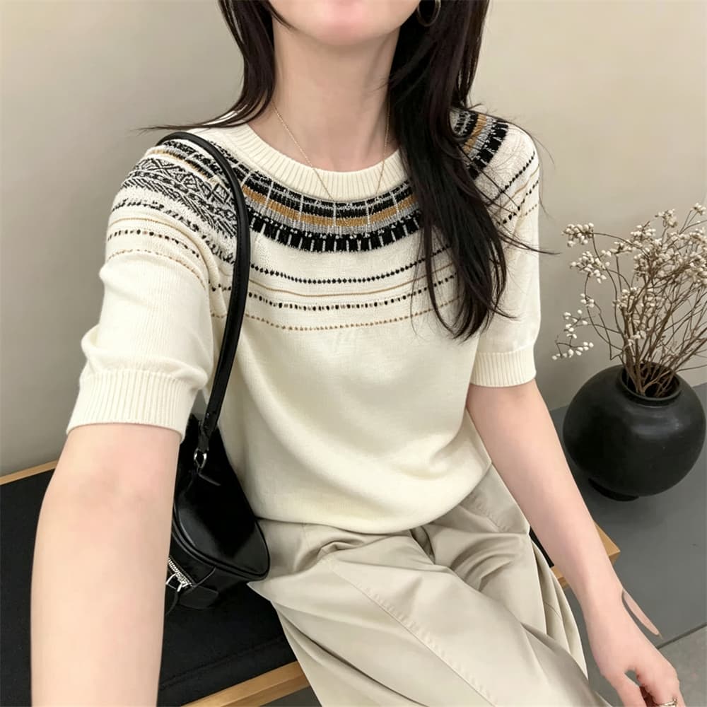 고급 센스 공정한 섬 자카드 니트 스웨터 티셔츠 여성 여름 착용 가져 가라. 느슨함 센스 루즈핏 자이언트 잘 생긴 반팔 맨위 상세 이미지 2