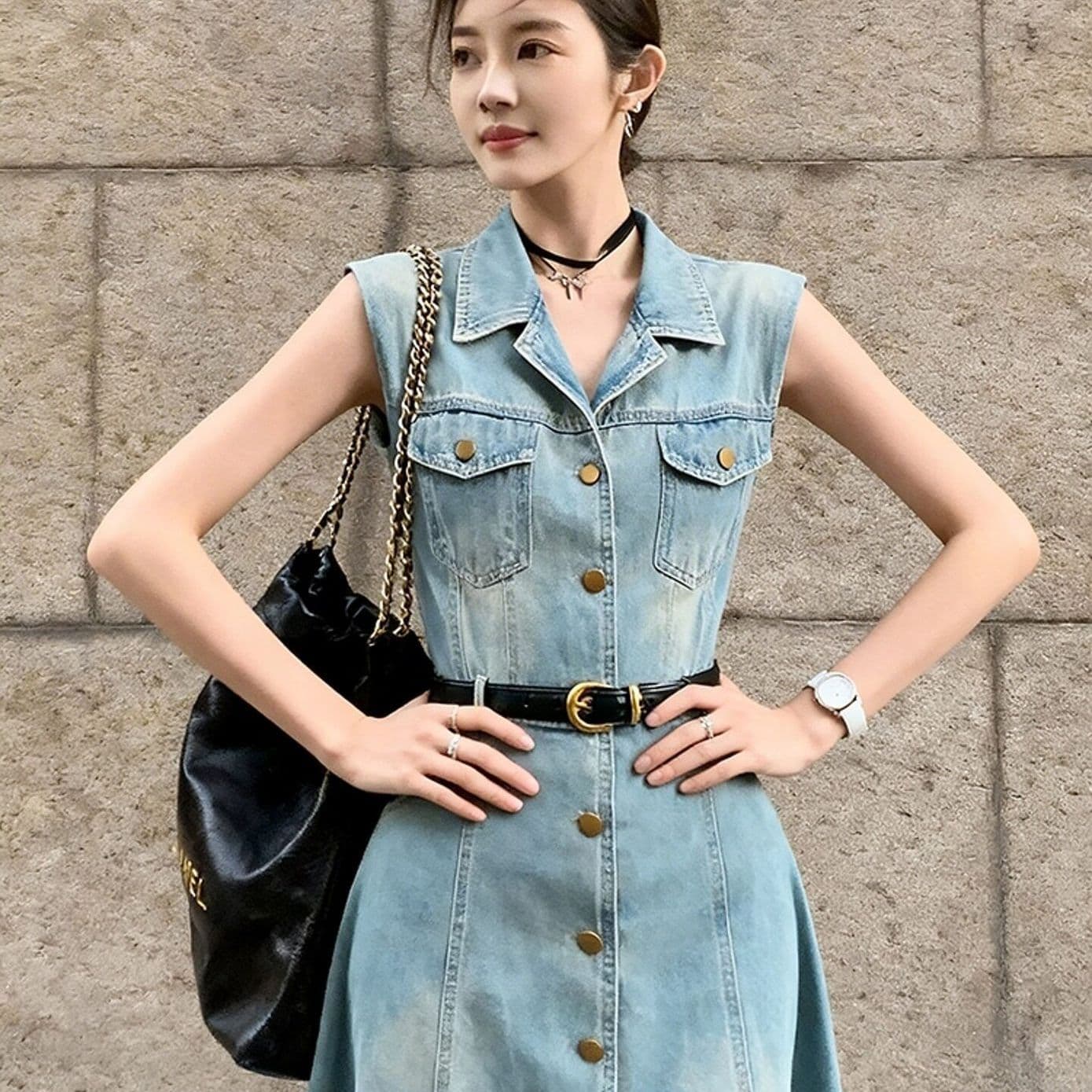 파란색 데님 민소매 여성 드레스 여름 2026 새로운 프랑스식 캐주얼 슬림해 보이는 고유 한 아름다운 꼬집기 허리 치마 상세 이미지 2