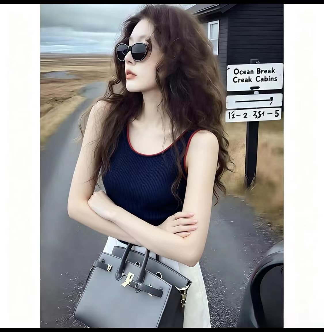 고유 한 작은 대중 배색 니트 캐미솔 여름 레트로 세련된 외출용 몸매 가꾸기 민소매 u 칼라 짧은 맨위 상세 이미지 3