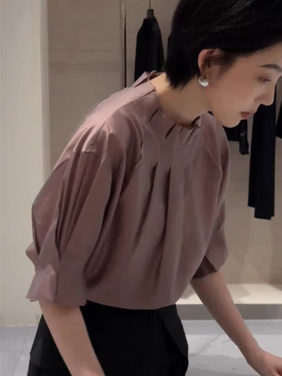 품격 출퇴근 오른쪽 실크 핀치 Pleat 반소매 여성 셔츠 디자인 센스 셔츠 편안함 마이크로 ~을 통해 의류 여름 상세 이미지 5