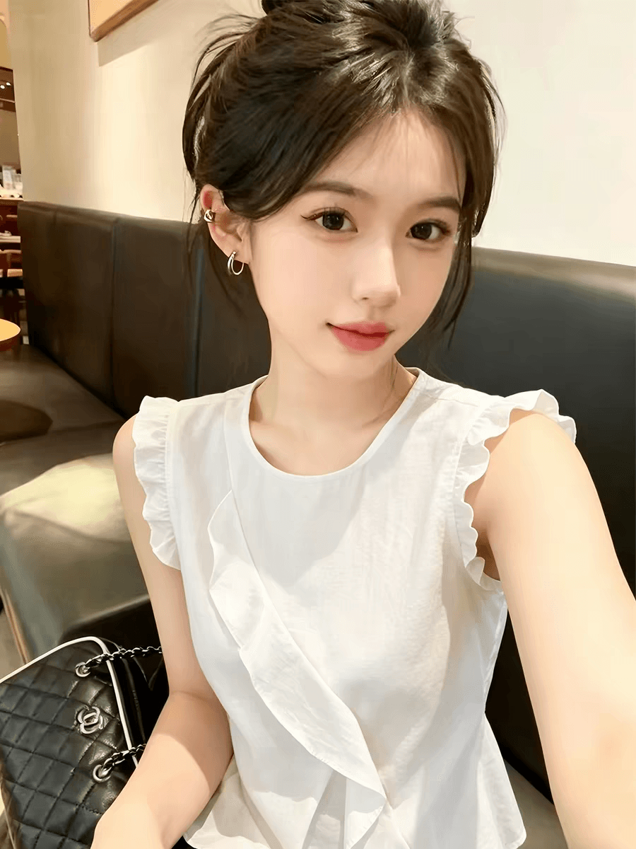 신선함 바람 파란색 프릴 민소매 여성 셔츠 2026 여름 맨위 이미지 2