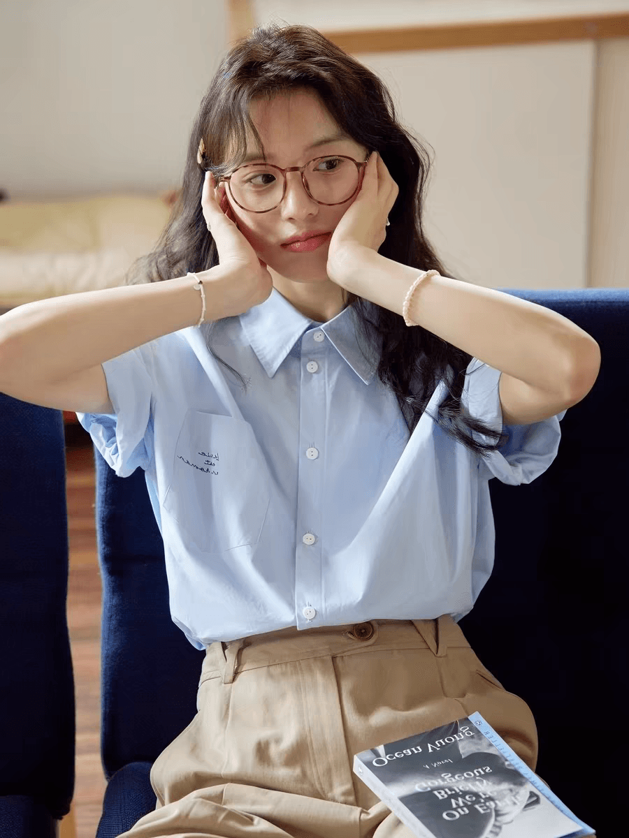 nov elist 심지어 하나 핑크색 반팔 여성 셔츠 프랑스식 학원 스타일 미니멀리즘 자수 순면 루즈핏 맨위 이미지 4