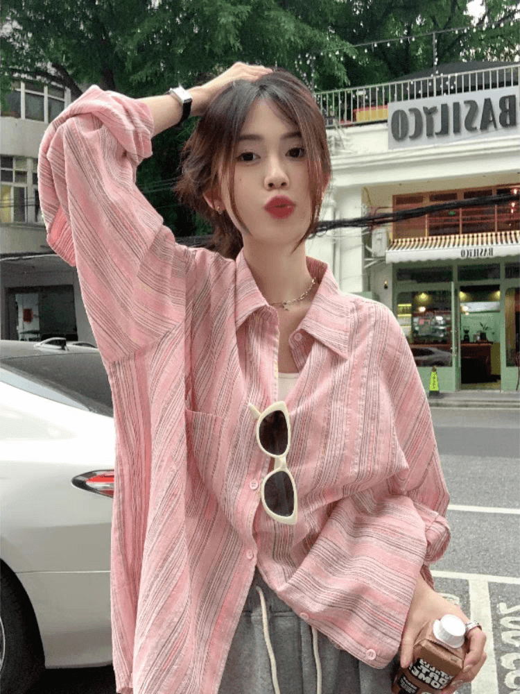 핑크색 스트라이프 자외선 차단 셔츠 여성 코트 봄 여름 얇은 스타일 긴팔 맨위 루즈핏 중간 길이 oversize 셔츠 상세 이미지 1
