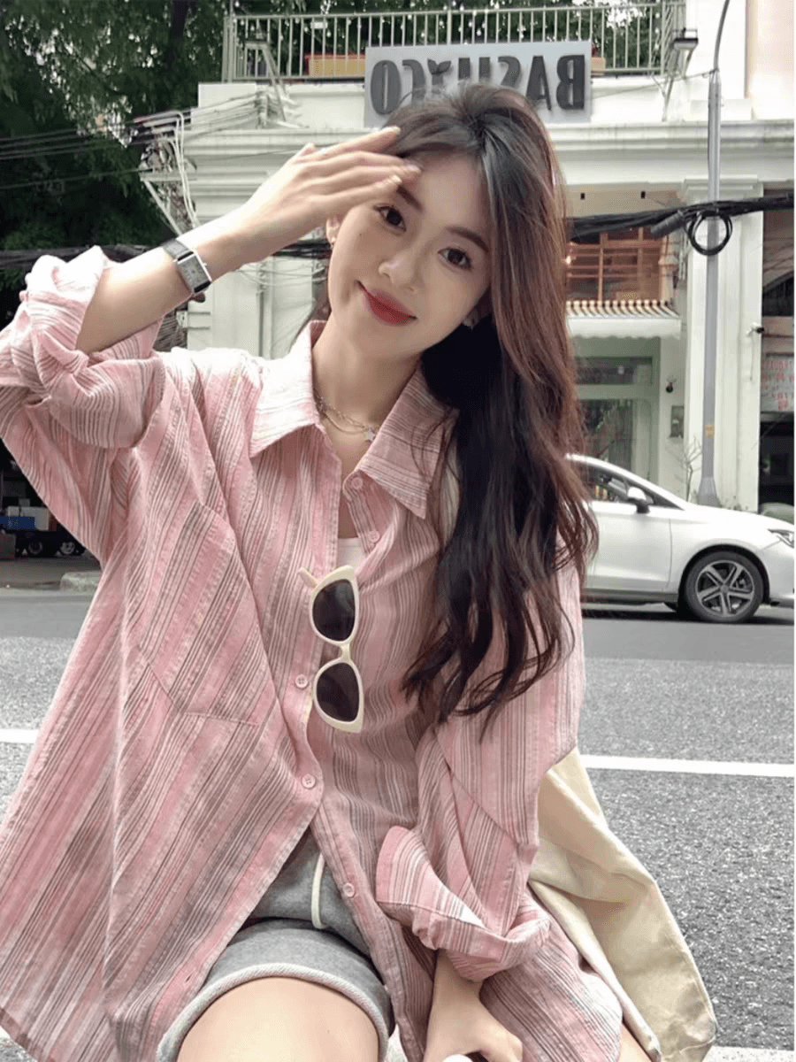 핑크색 스트라이프 자외선 차단 셔츠 여성 코트 봄 여름 얇은 스타일 긴팔 맨위 루즈핏 중간 길이 oversize 셔츠 상세 이미지 2
