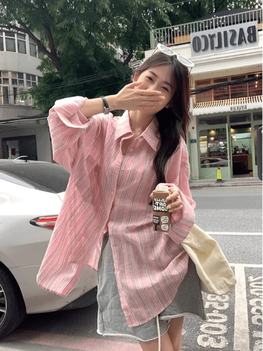 핑크색 스트라이프 자외선 차단 셔츠 여성 코트 봄 여름 얇은 스타일 긴팔 맨위 루즈핏 중간 길이 oversize 셔츠 상세 이미지 3