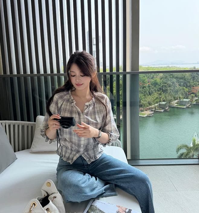부드러운 지능 작은 한 바람 다용도 다양한 착용 법 미니멀리즘 품격 체크무늬 작은 셔츠 신제품 이미지 3