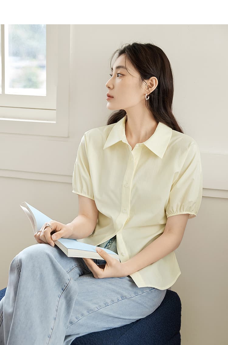 빅 사이즈 여성 의류 디자인 센스 작은 대중 허리 수축 셔츠 여름 마이크로 지방 mm Chic 아름다운 맨위 거품 소매 작은 셔츠 이미지 2