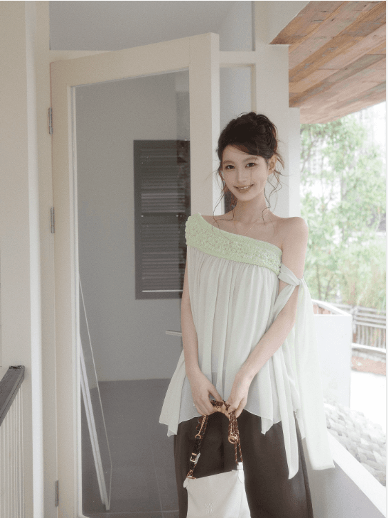 감사합니다. 아니요 고기 불규칙 비스듬한 어깨 시폰 셔츠 여성 여름 부드러운 바람 작은 대중 디자인 센스 루즈핏 얇은 스타일 맨위 이미지 4