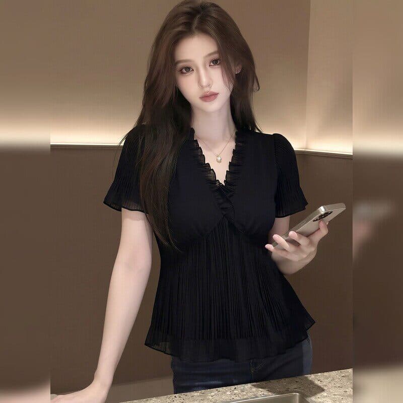 2026 여름 새로운 고급 센스 품격 맨위 통통한 여동생 고유 한 슬림해 보이는 검정색 셔츠 상세 이미지 3
