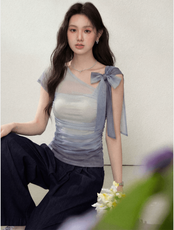 장 소다 2026 여름 새로운 보라색 자이언트 잘 생긴 반팔 티셔츠 여성 디자인 센스 홀로우 아웃 허리 수축 품격 맨위 상세 이미지 3