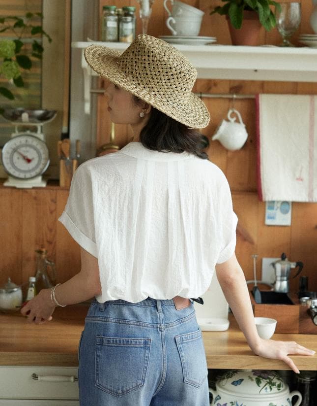 프랑스식 아마 혼방 V넥 반팔 여성 셔츠 여름 이미지 2