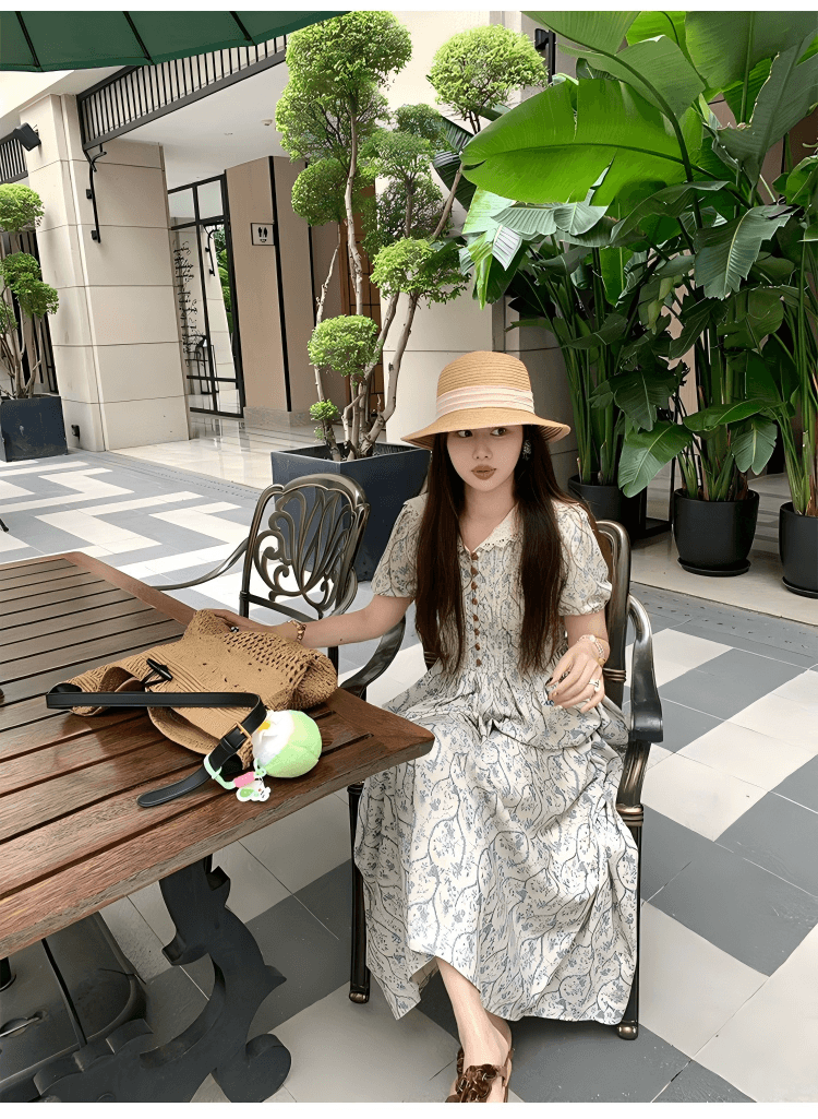 pinkmoon 안개 남쪽 아마 레트로 꽃무늬 폴로 칼라 슬림해 보이는 드레스 프랑스식 센스 롱 스커트 상세 이미지 11