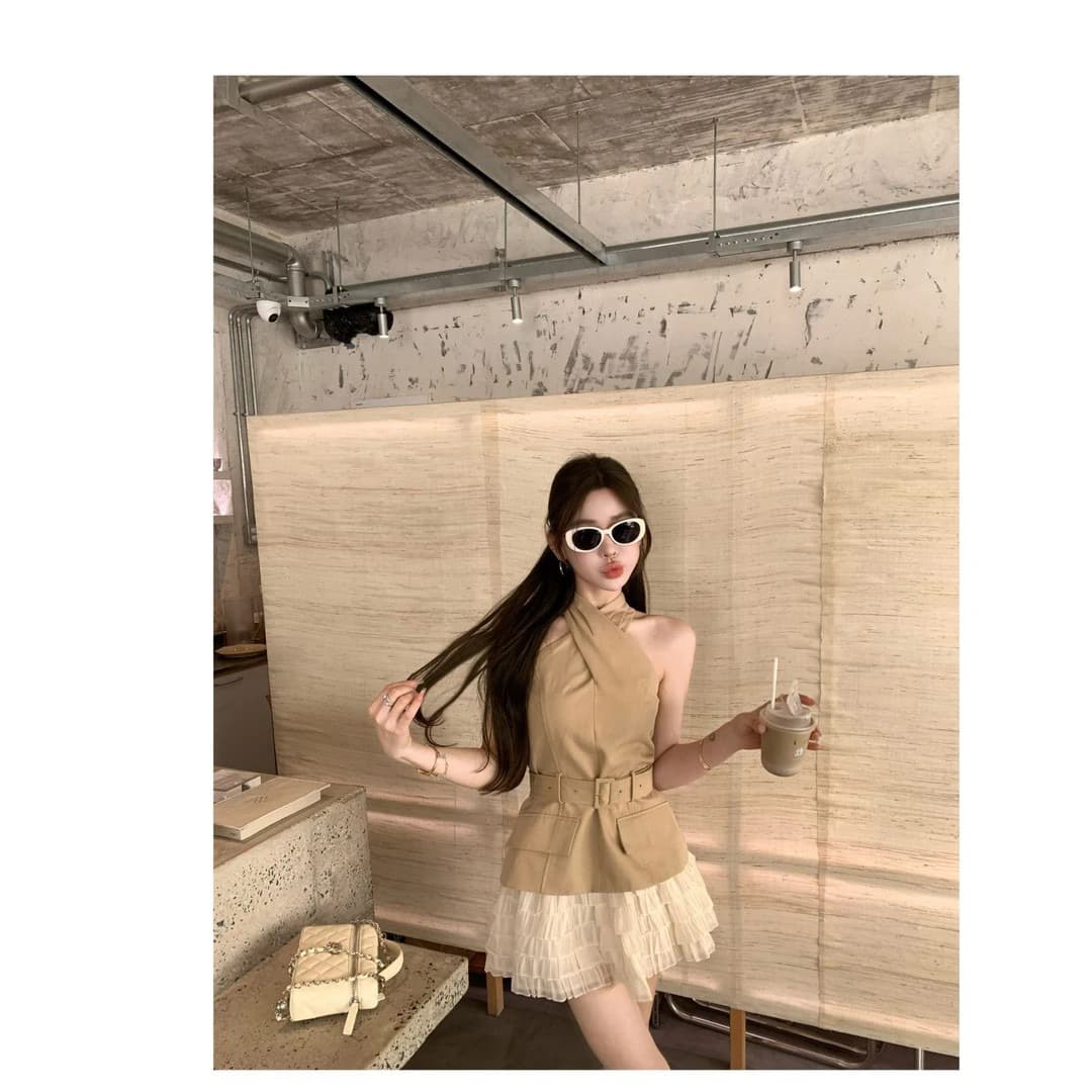 쌀 Na 홈 감기 원 웨이 카키 색 십자가 벨트 조끼 베이지 색 쉬폰 무거운 작업 층 반 스커트 이미지 4