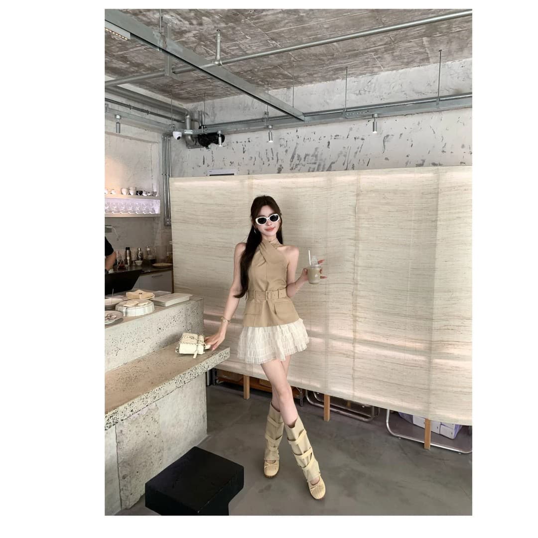 쌀 Na 홈 감기 원 웨이 카키 색 십자가 벨트 조끼 베이지 색 쉬폰 무거운 작업 층 반 스커트 이미지 2