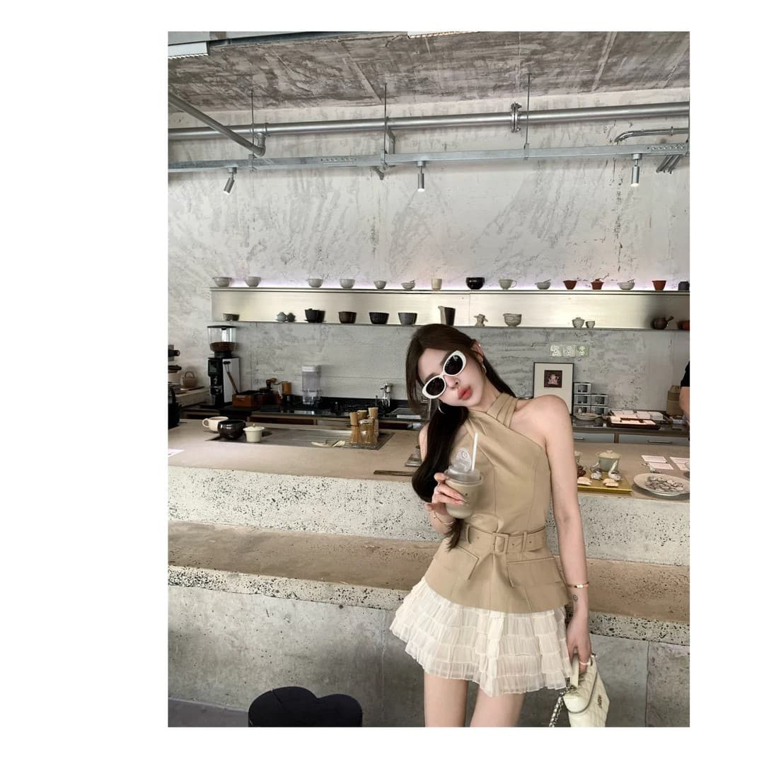 쌀 Na 홈 감기 원 웨이 카키 색 십자가 벨트 조끼 베이지 색 쉬폰 무거운 작업 층 반 스커트 상세 이미지 3