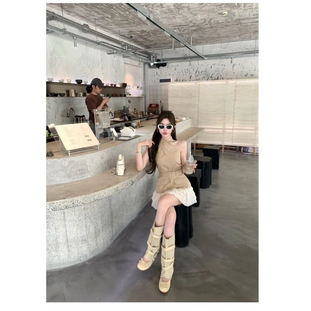쌀 Na 홈 감기 원 웨이 카키 색 십자가 벨트 조끼 베이지 색 쉬폰 무거운 작업 층 반 스커트 상세 이미지 5