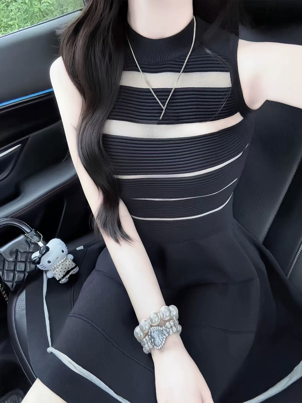 한 부서 레트로 그는 벤 바람 검정색 망사 홀로우 아웃 민소매 드레스 디자인 센스 꼬집기 허리 한 마디 작은 치마 26 여름 상세 이미지 4