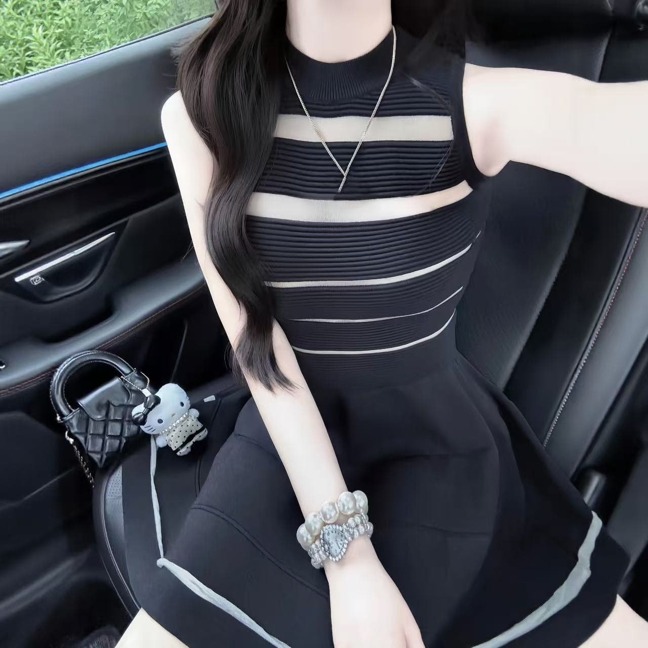 한 부서 레트로 그는 벤 바람 검정색 망사 홀로우 아웃 민소매 드레스 디자인 센스 꼬집기 허리 한 마디 작은 치마 26 여름 상세 이미지 5