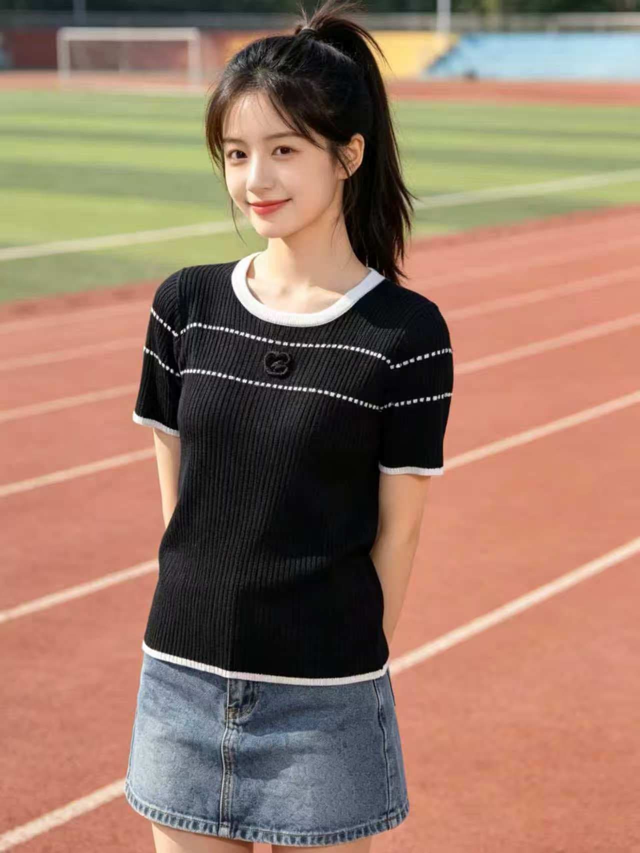 liheyu 프랑스식 작은 샤넬 스타일 라운드 넥 니트 스웨터 여성 여름 새로운 배색 홀로우 아웃 빛 럭셔리 품격 긍정적 인 어깨 티셔츠