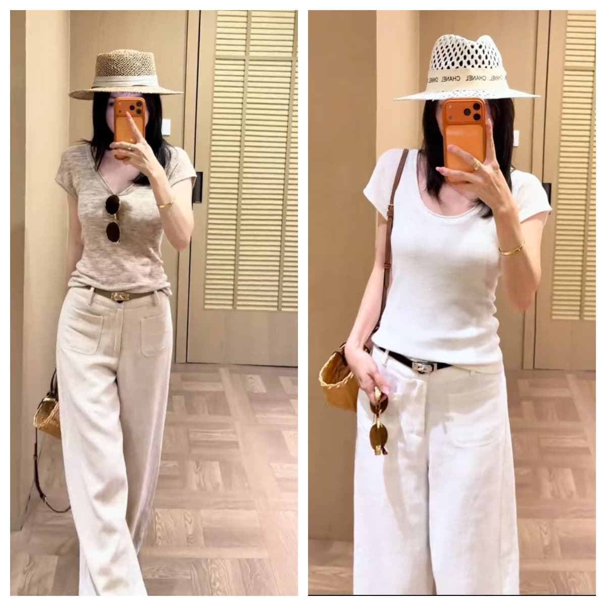 대 u 칼라 아시아 인 꽈배기 모래 색상 자연 볼륨 측면 부드러운 찹쌀 찹쌀 반팔 티셔츠 여성 마 살구 색상 하이웨이스트 캐주얼 넓은 바지 여성 상세 이미지 2