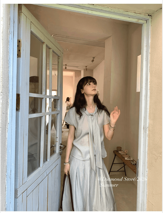 diamond 청 닝 타이밍 한 부서 미니멀리즘 바람 반팔 셔츠 맨위 롱 코트 반신 스커트 슬림해 보이는 투피스 세트 이미지 2