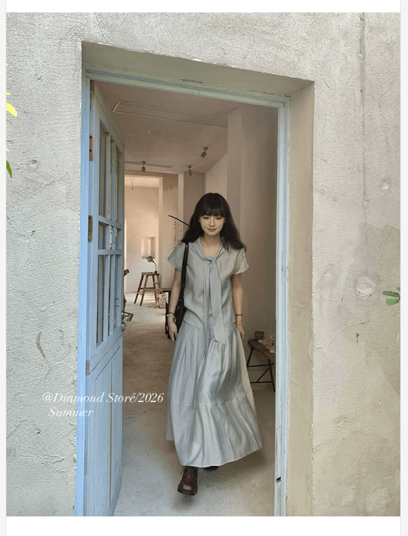 diamond 청 닝 타이밍 한 부서 미니멀리즘 바람 반팔 셔츠 맨위 롱 코트 반신 스커트 슬림해 보이는 투피스 세트 상세 이미지 5