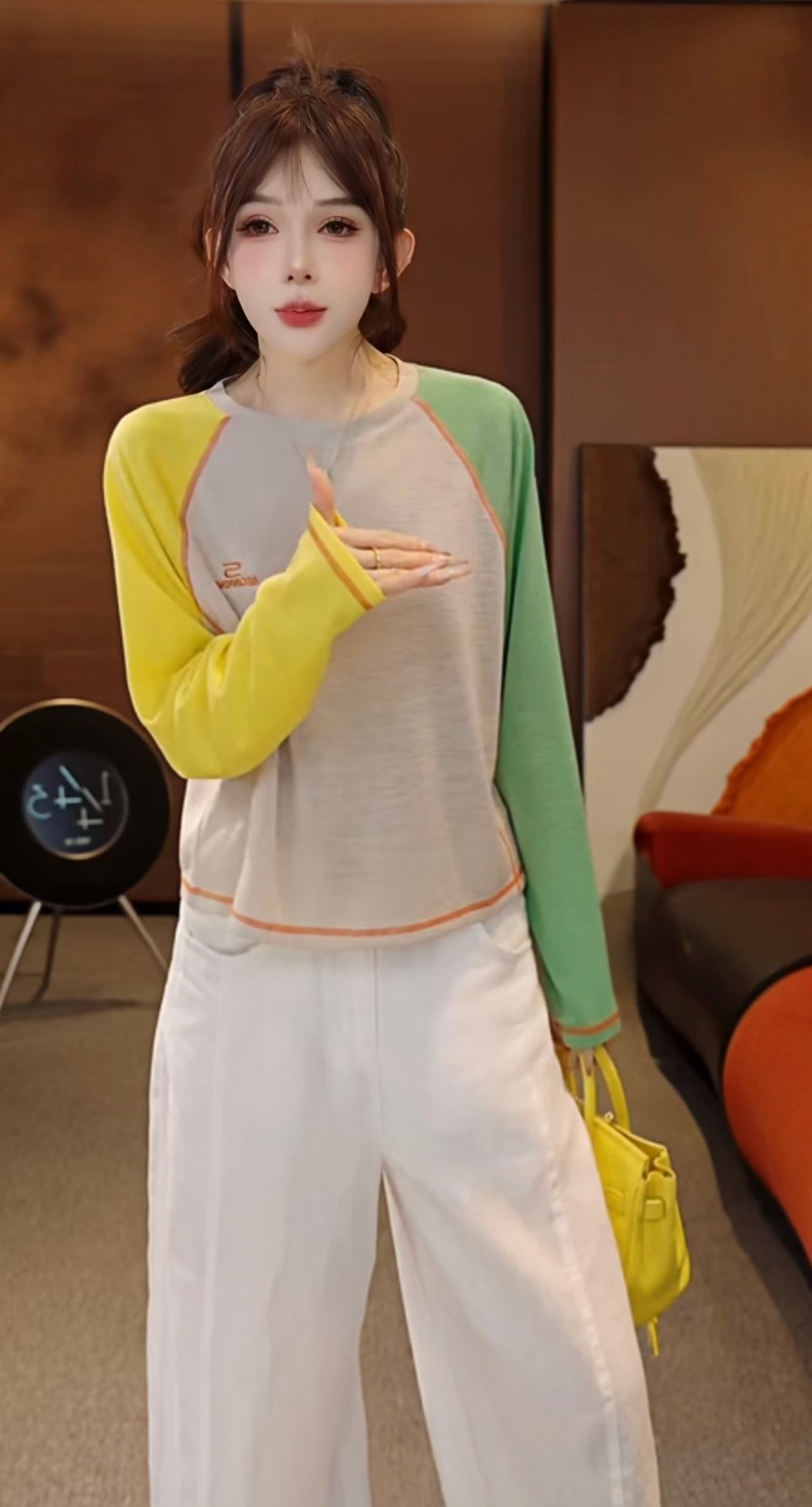패치워크 색상 부적 여름 디자이너 개성 패치워크 색상 얇은 스타일 긴팔 티셔츠 t 상세 이미지 4