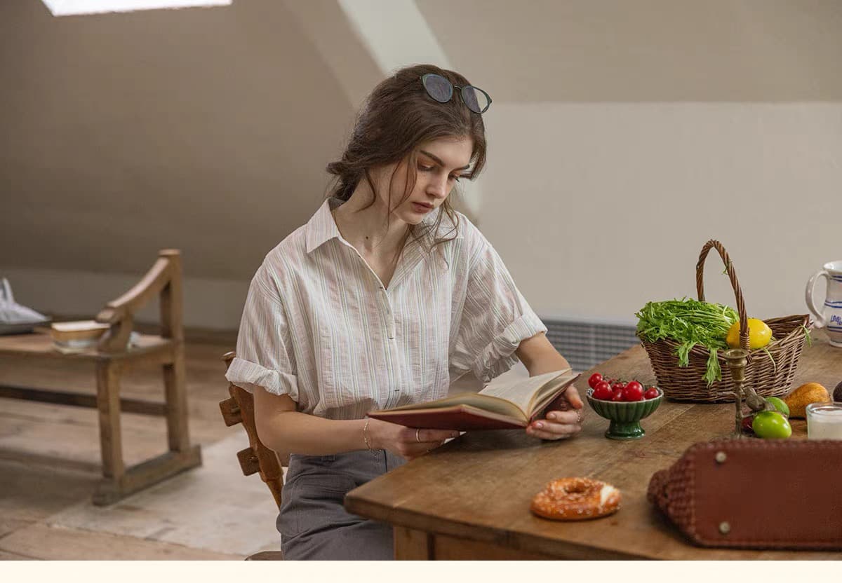 박하 휴일 주간 실크 코튼 어두운 문 襟 명중 기사 질감 센스 컬러 짜임 스트라이프 배색 매듭 설정 롤 슬리브 셔츠 상세 이미지 14