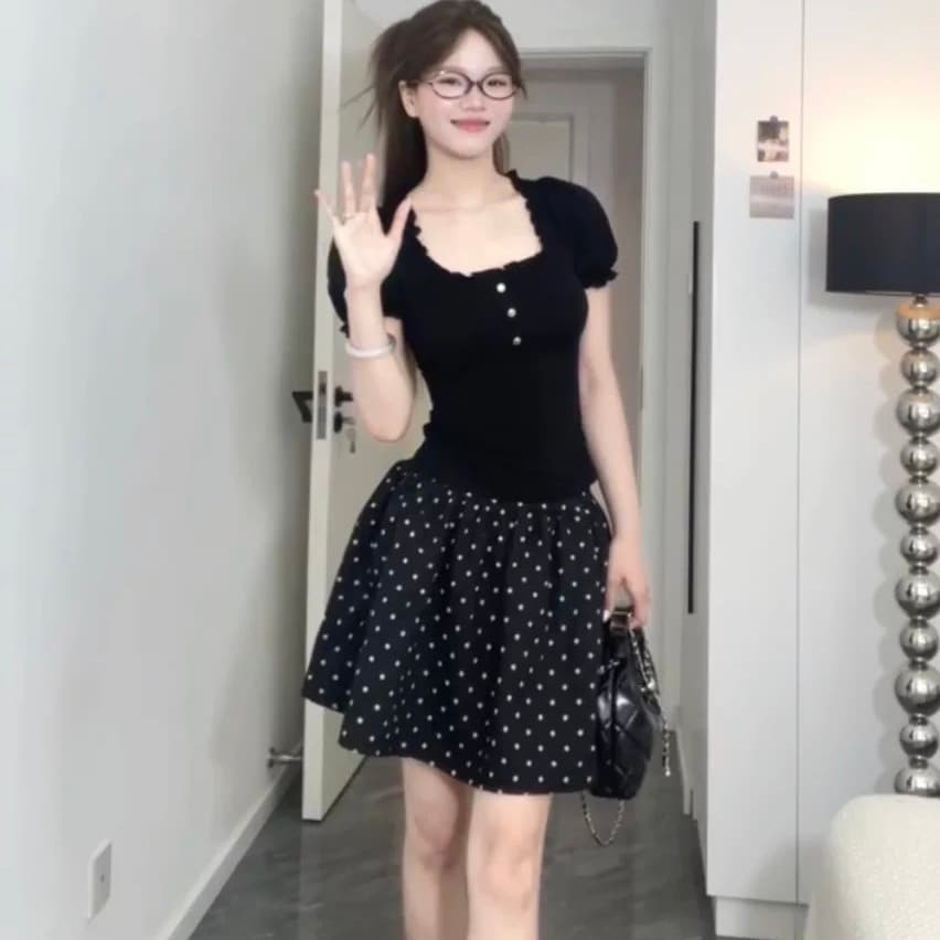 한 부서 레트로 도트 무늬 세트 그룹 여성 2026 여름 새로운 고급 센스 거품 소매 맨위 반신 스커트 투피스 세트 상세 이미지 4