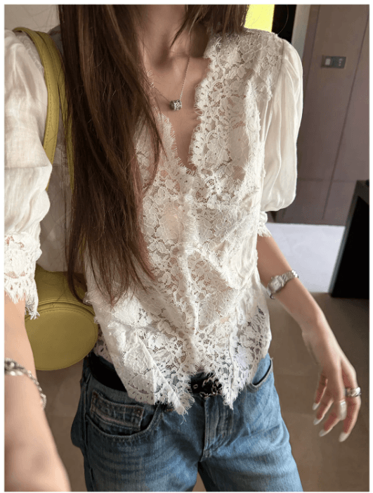 superniniyy 데이트 일기 100 라미 맞춤 패치워크 레이스 부드러운 거품 소매 셔츠 맨위 상세 이미지 2