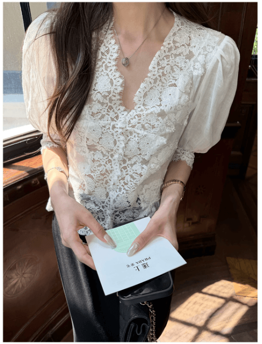 superniniyy 데이트 일기 100 라미 맞춤 패치워크 레이스 부드러운 거품 소매 셔츠 맨위 상세 이미지 3