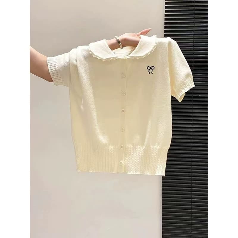 달콤한 스타일 베이비 칼라 니트 반팔 티셔츠 여성 여름 새로운 나비 매듭 자수 몸매 가꾸기 캐주얼 다용도 맨위 상세 이미지 2