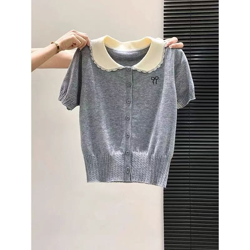 달콤한 스타일 베이비 칼라 니트 반팔 티셔츠 여성 여름 새로운 나비 매듭 자수 몸매 가꾸기 캐주얼 다용도 맨위 상세 이미지 5