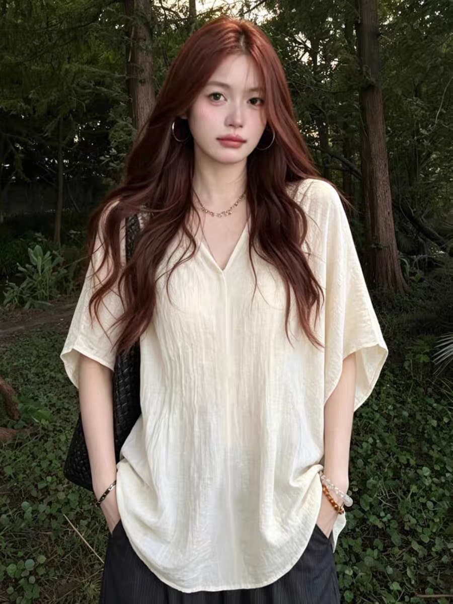 오래된 돈 바람 모방 아마 셔츠 반팔 여성 2026 새로운 고유 한 자이언트 잘 생긴 블라우스 디자인 센스 빅 사이즈 맨위 얇은 이미지 2